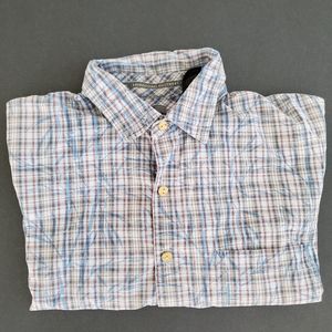 Rei Organic Cotton printed blue white button-down short sleeve shirt Lar…